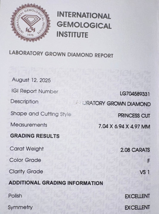 Lab Grown Princess Cut 2.08 Ct VS1 Clarity F Color
