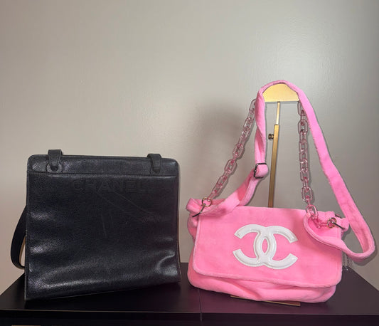 Chanel Coco Mark tote bag in black caviar leather W/ Pink Chanel (VIP GWP) Crossbody Bag, Chanel (GWP) tote & Chanel (GWP) bucket hat