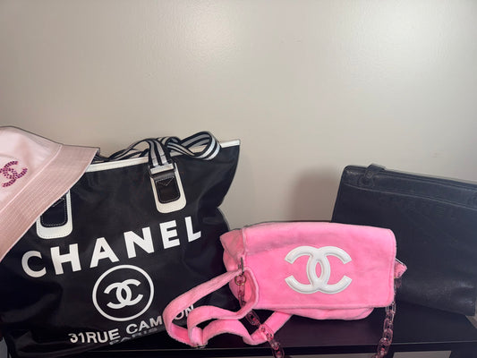 Chanel Coco Mark tote bag in black caviar leather W/ Pink Chanel (VIP GWP) Crossbody Bag, Chanel (GWP) tote & Chanel (GWP) bucket hat